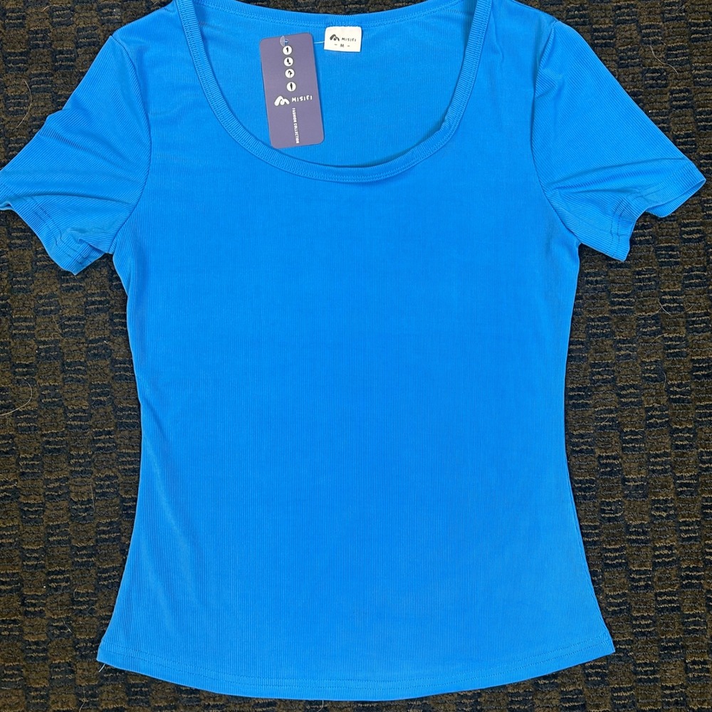 MISIFI Womens Blue Ribbed Scoop Neck Short Sleeve Stretch Tee Shirt Size M NWT